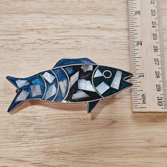 Alpaca Silver Fish Barrette in Blue and Black Inlaid with Mother of Pearl Chips main image 5